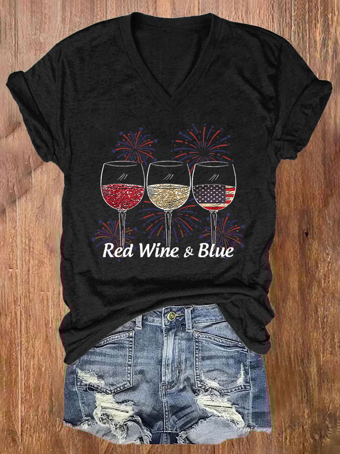 🔥Last Day 49% Off🔥Women's Red Wine and Blue Print T-shirt