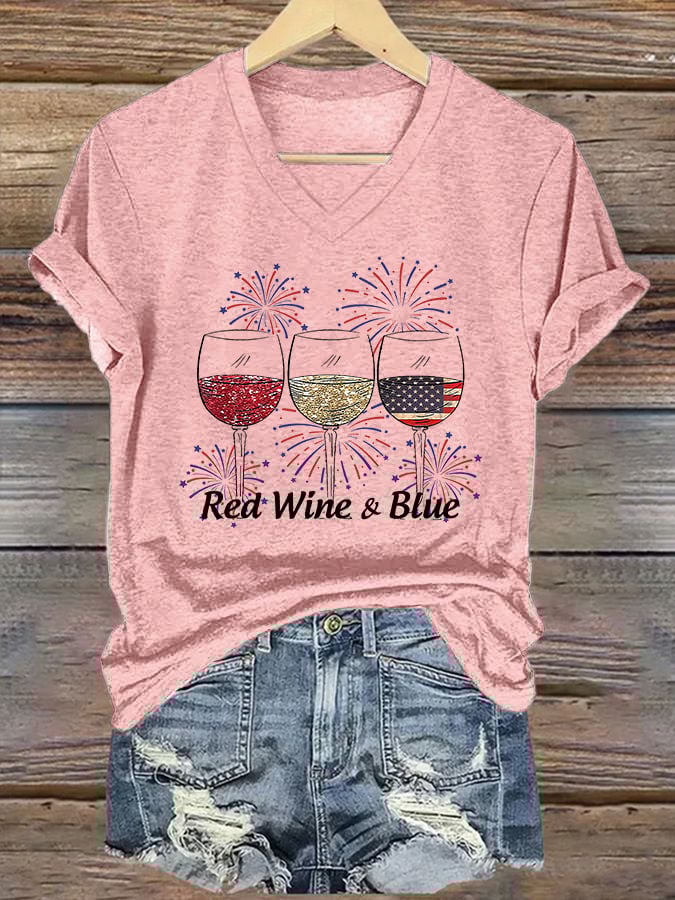 Women's Red Wine and Blue Printed T-Shirt