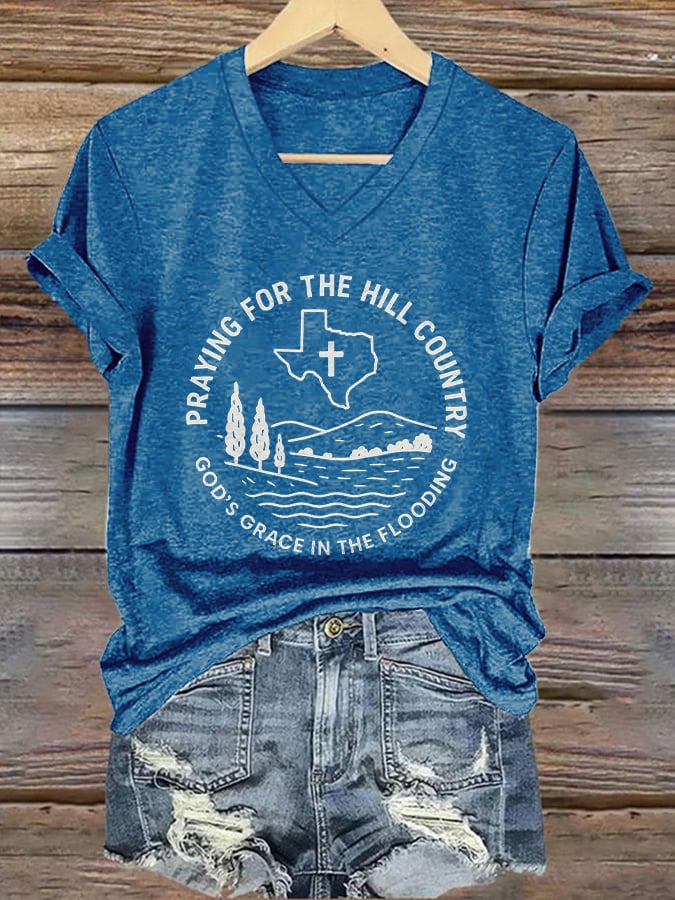 V-Neck Retro Texas Strong Praying For The Hill Country God’s Grace In The Flooding Print T-Shirt