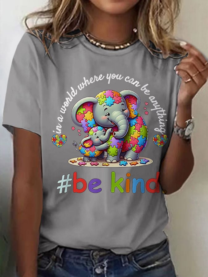 Women's Retro Be Kind Autism Awareness Elephant Print Round Neck T-Shirt