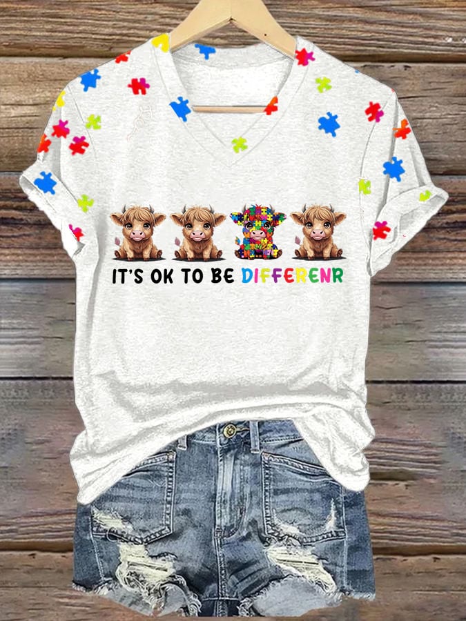 Women's Autism Awareness Printed Casual V-Neck T-Shirt