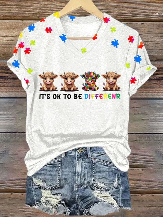 Women's  Autism Awareness Printed Casual V-Neck T-Shirt