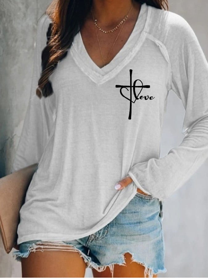 Women's Love Like Jesus Jesus Has My Back Casual V-Neck Long-Sleeve T-Shirt
