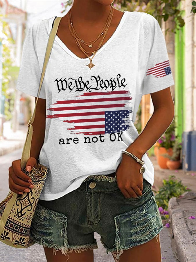 V-neck Retro We The People Are Not Ok Print T-Shirt