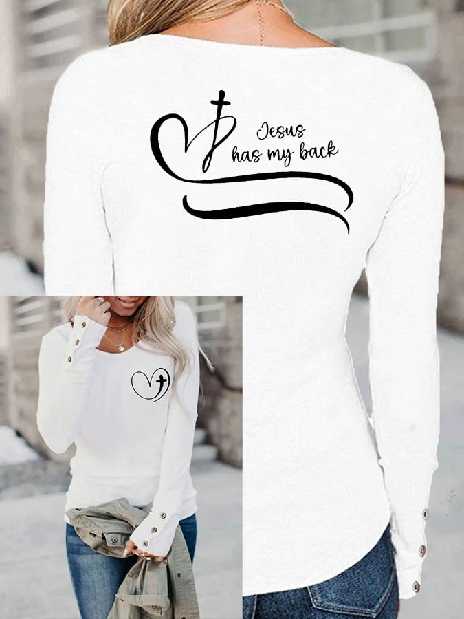 Women's Faith Love Like Jesus Jesus Has My Back Print Button Top