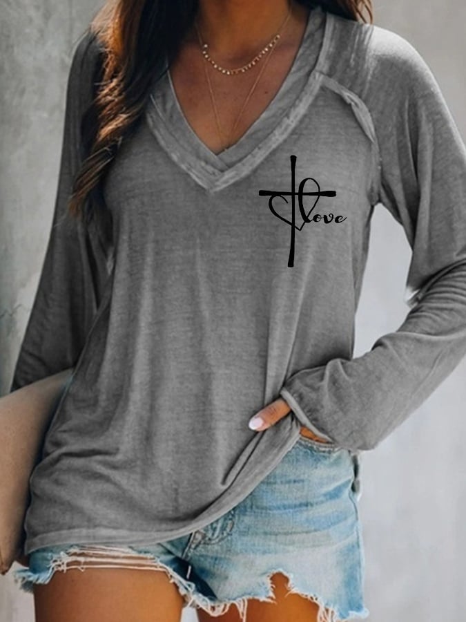 Women's Love Like Jesus Jesus Has My Back Casual V-Neck Long-Sleeve T-Shirt