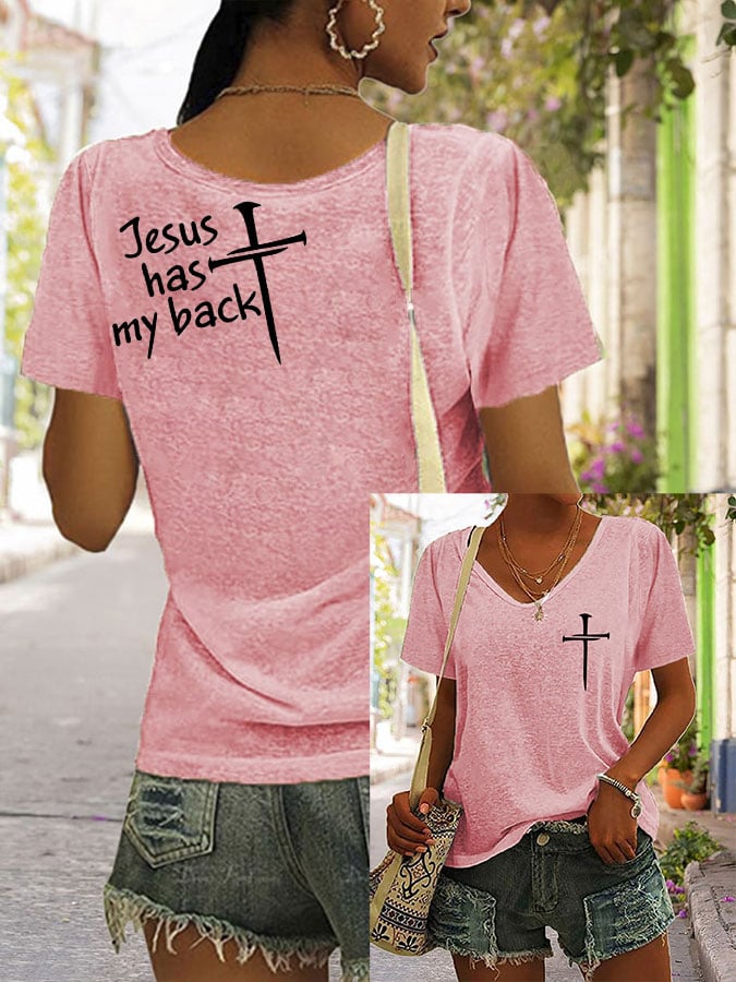 Womens Jesus has my back V-neck T-shirt
