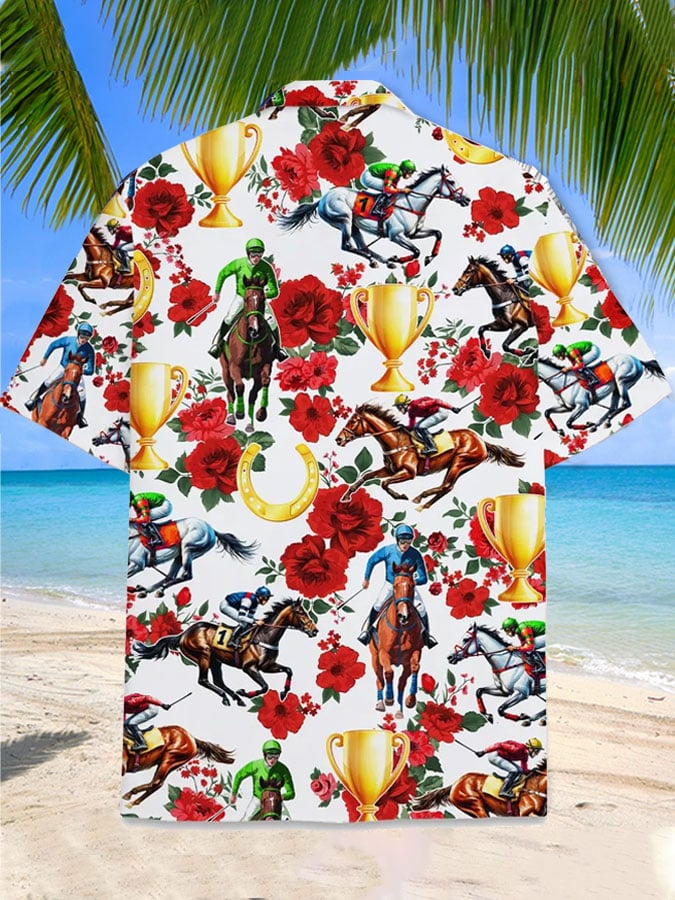 Men's Horse Racing Print Fashion Short Sleeve Shirt