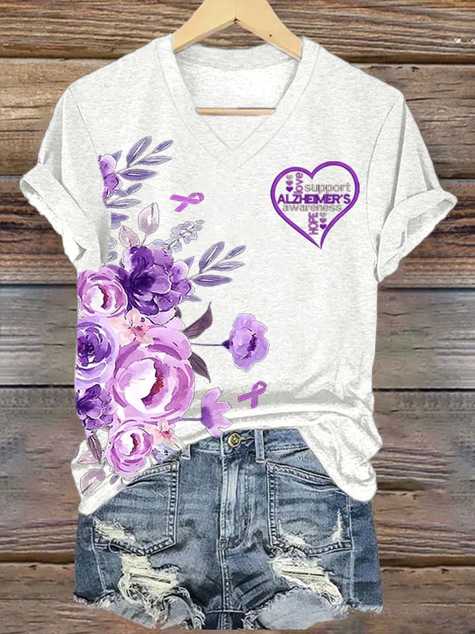 Women'S Alzheimer's Disease Awareness Floral  Printed Casual T-Shirt