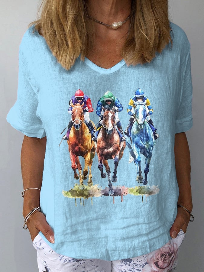 Women's Horse Racing Print Casual V-Neck Cotton and Linen Top