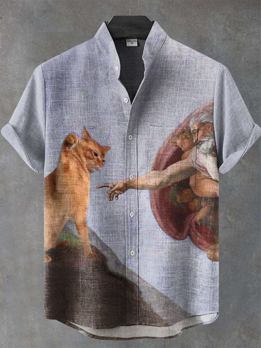 VIntage Funny Cat Art Print Casual 100% Cotton Shirt