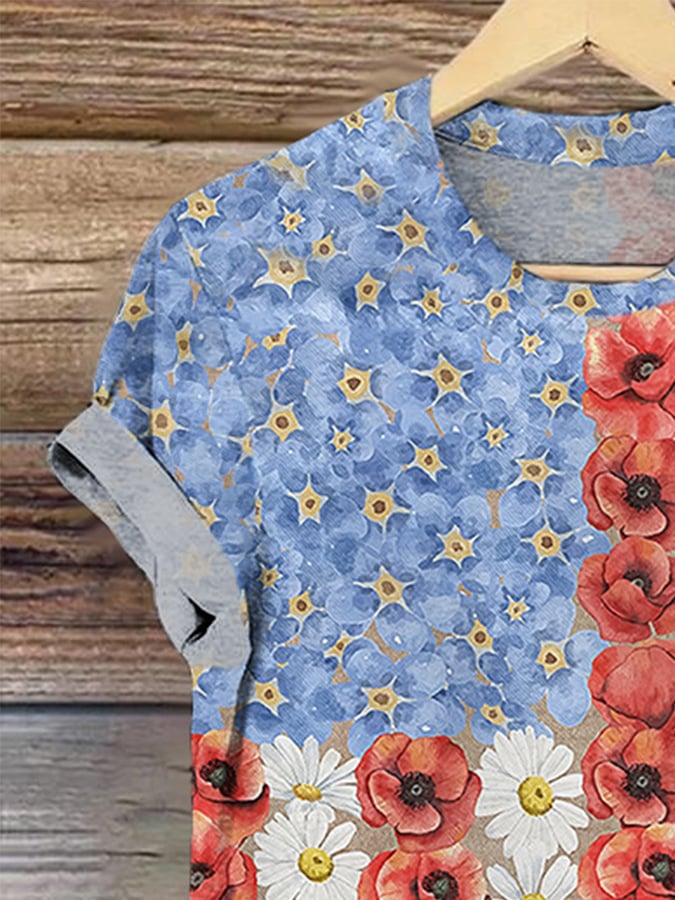 Retro Patriotic Flower Myosotis & Poppy Print T-Shirt