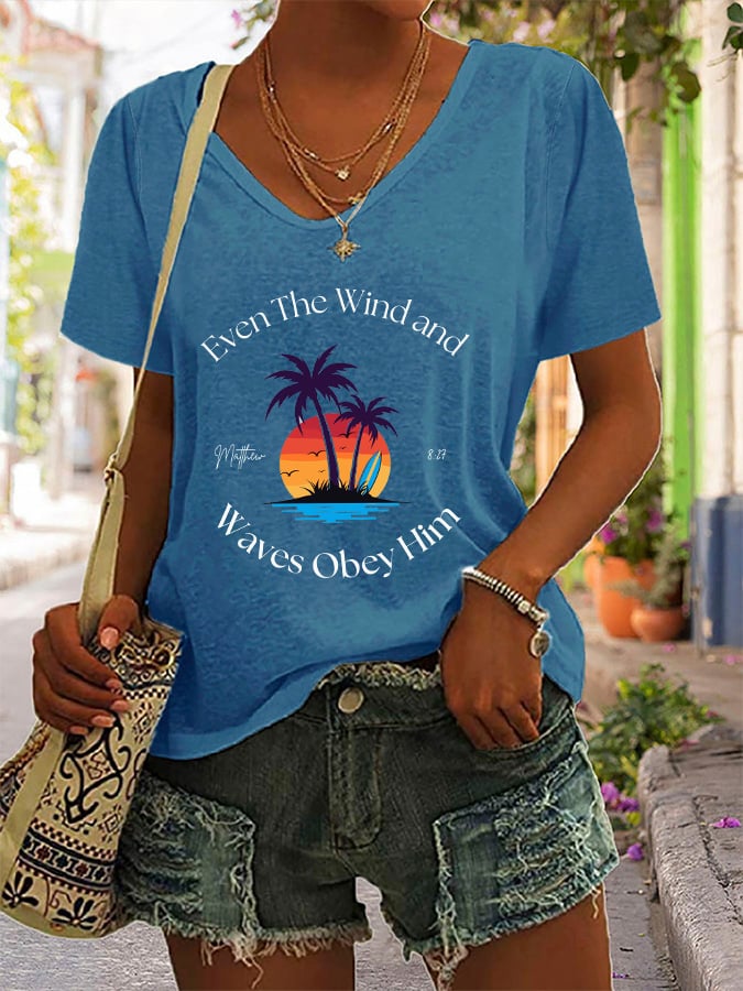 Women's Casual Christian Faith Bible Verse Palm Tree Print V-Neck Short Sleeve T-Shirt