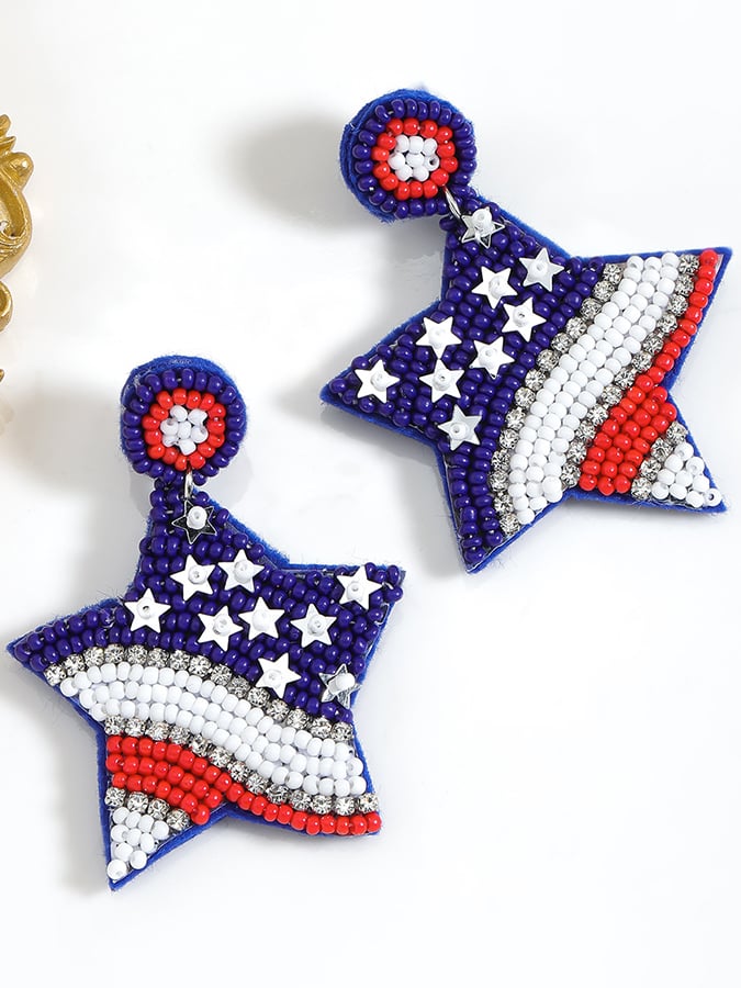Independence Day Creative Five-Pointed Star Diamond And Rice Bead Earrings