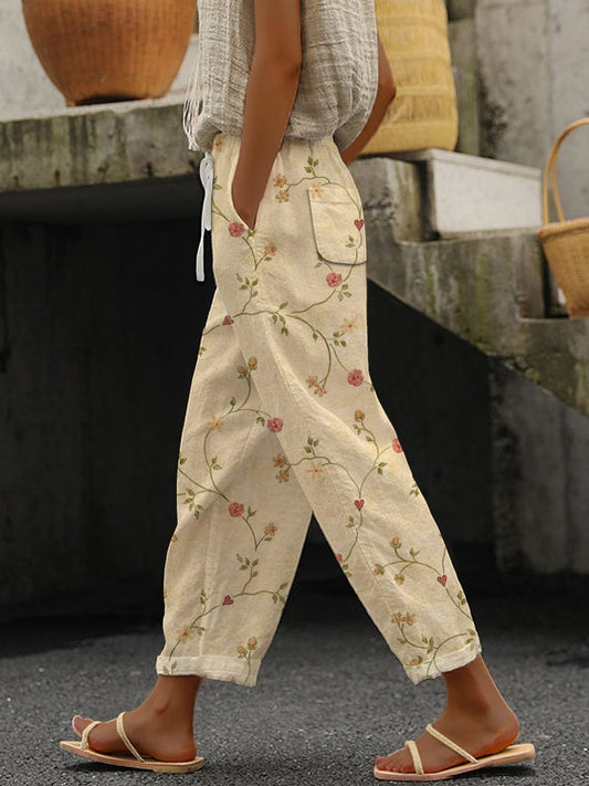 Women's Casual Vintage Floral Cotton and Linen Pants (With Pockets)