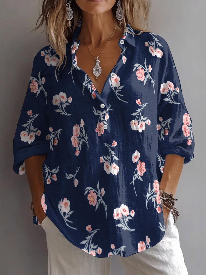 Women's Vintage Floral Print Lapel Button-Down Shirt