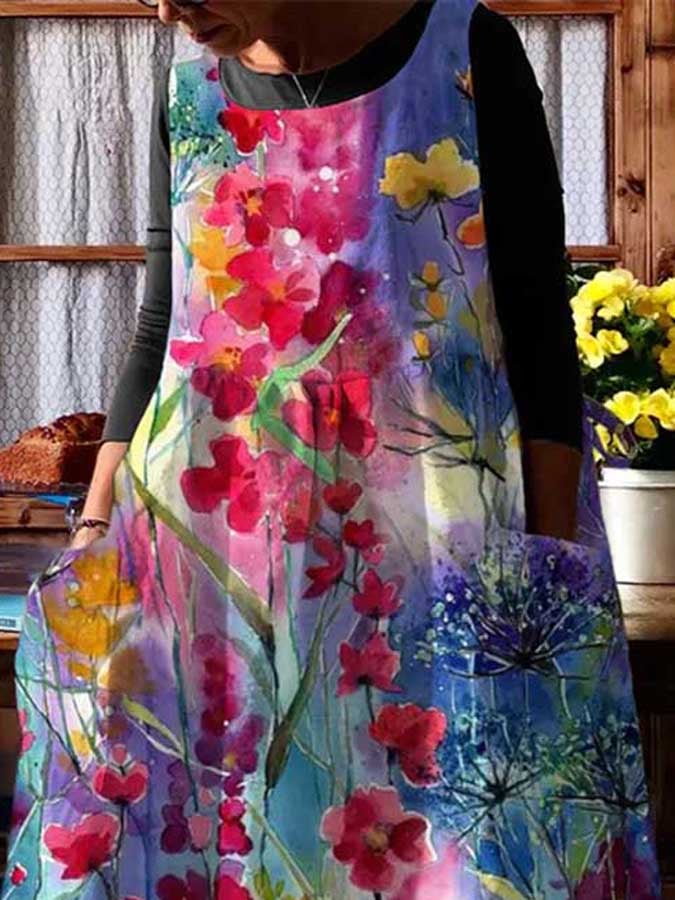 Casual Floral Oil Painting With Pocket Print Dress