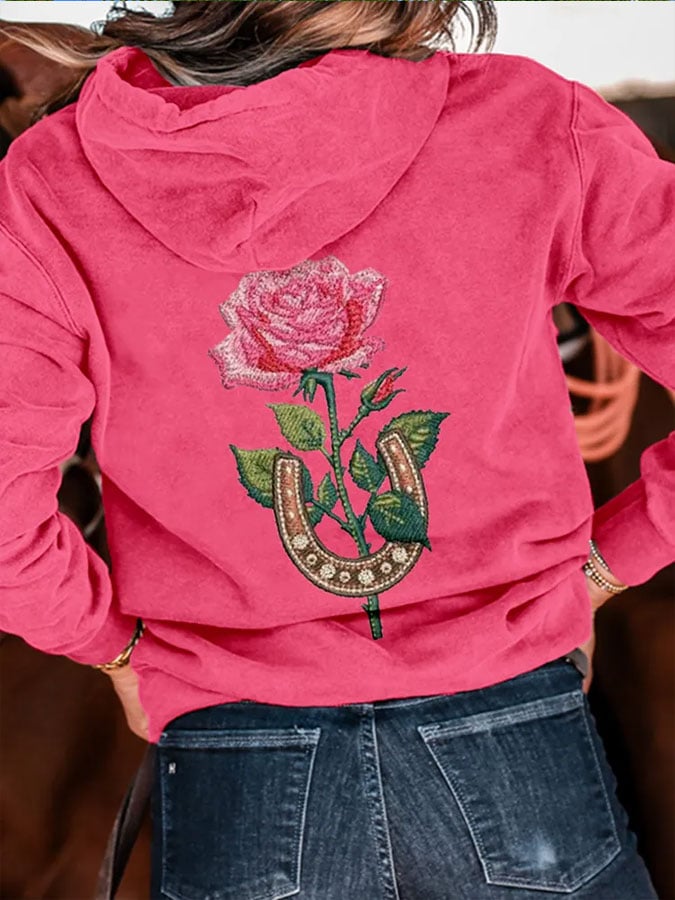 Women's Horse Racing Rose Printed Hooded Sweatshirt