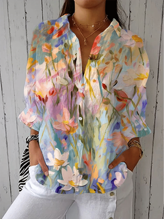 Women's Vintage Oil Painting Floral Print Design Lapel Shirt