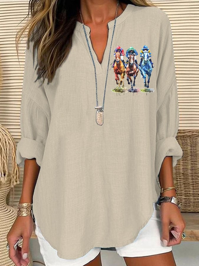 Women's Horse Racing Print Casual Long Sleeve V-Neck Shirt