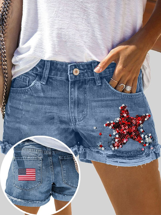 Women'S National Flag Independence Day Casual Denim Shorts