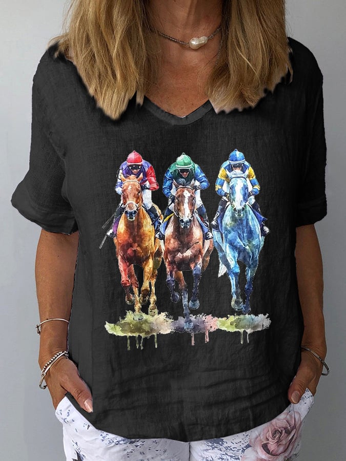 Women's Horse Racing Print Casual V-Neck Cotton and Linen Top