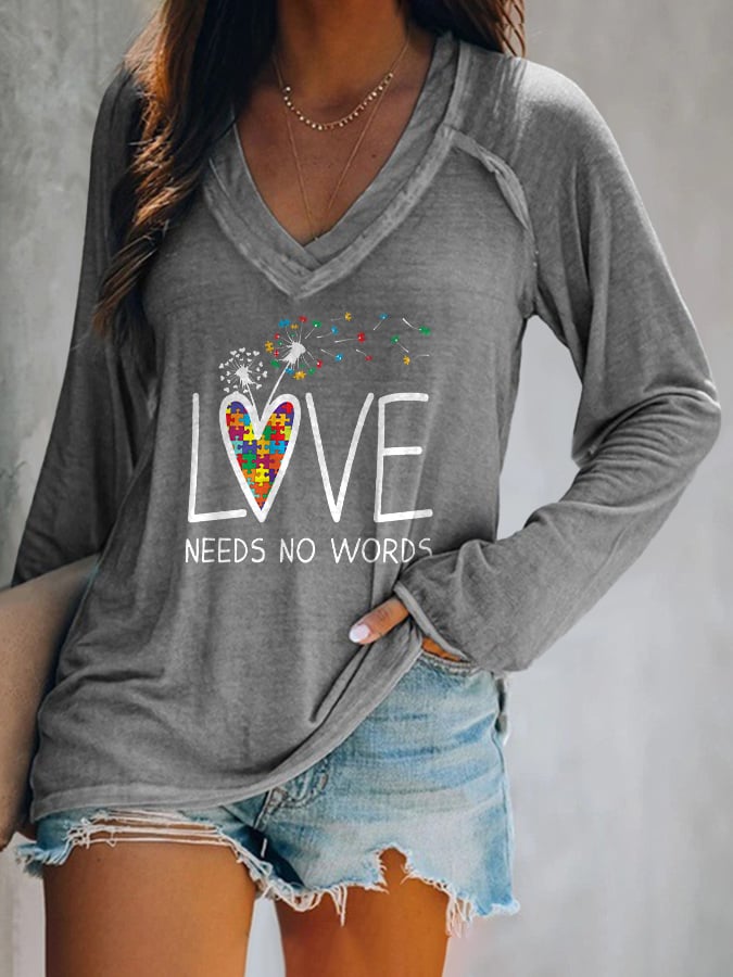 V-neck Autism Awareness Love Needs No Words Print T-Shirt