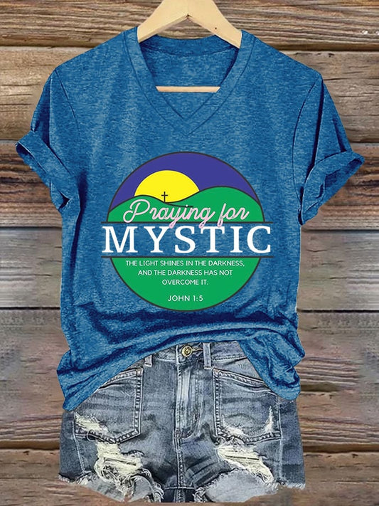 V-Neck Retro Texas Strong Praying For Mystic The Light Shines In The Darkness, And The Darkness Has Not Overcome It. John 1:5 Print T-Shirt