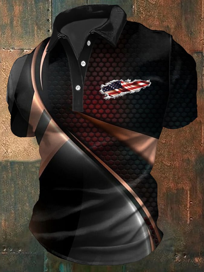 Men's Casual Independence Day Flag Print Polo Shirt