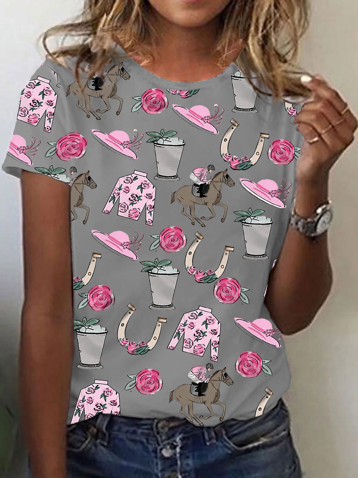 Women's Derby Horse painting print crew neck T-shirt