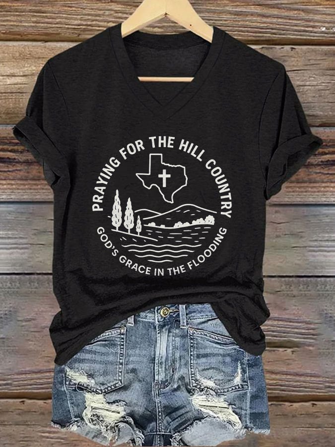 V-Neck Retro Texas Strong Praying For The Hill Country God’s Grace In The Flooding Print T-Shirt