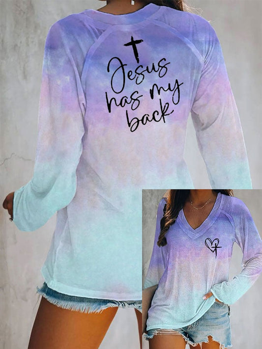 Women's Faith Love Like Jesus Jesus Has My Back Print V-Neck Long Sleeve T-shirt