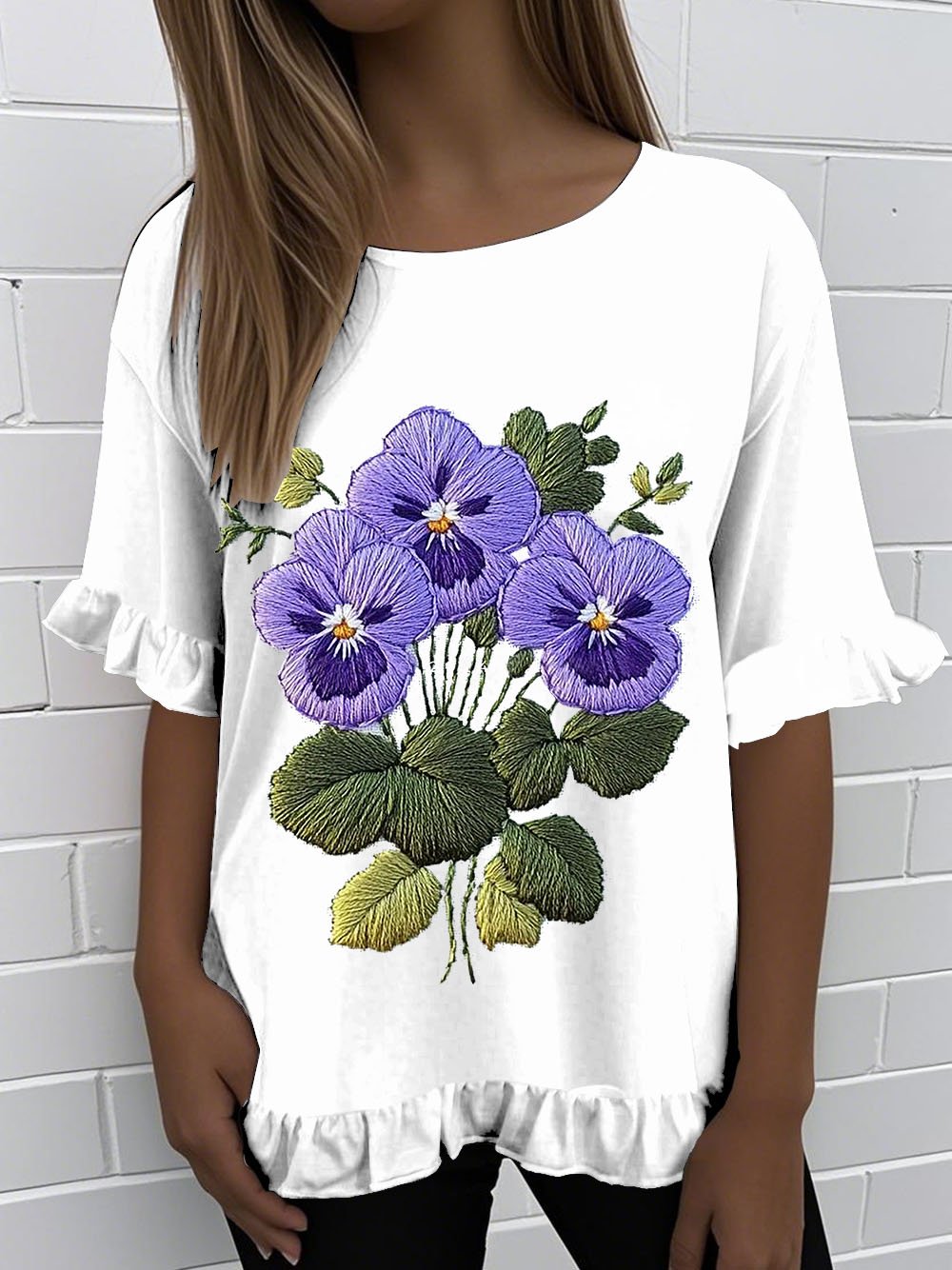 Women'S Retro Purple Floral Print Round Neck Ruffle Short Sleeve T-shirt