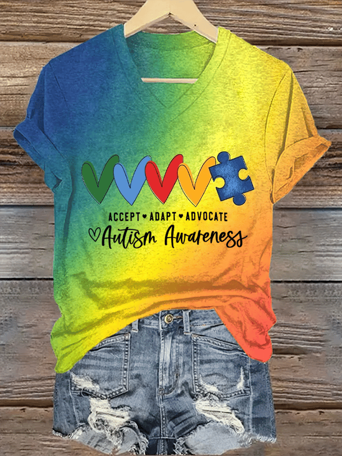 Women's Autism Awareness“Autism Accept Adapt Advocate” Print Contrast T-shirt