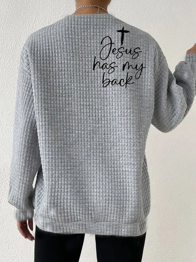 Women's Love Like Jesus Jesus Has My Back Printed Solid Color Waffle Loose Casual Sweater