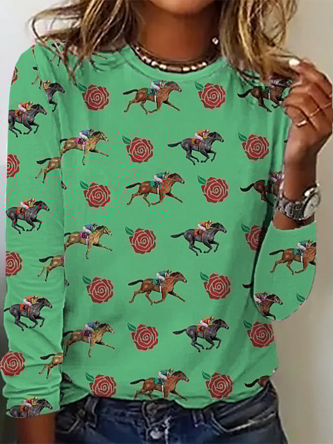 Women's Derby Horses Print Crew Neck T-Shirt