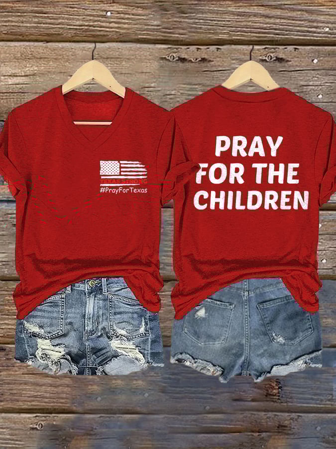 V-Neck Retro Texas Strong Pray For Texas Pray For The Children Print T-Shirt