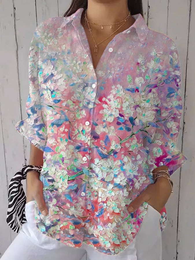 Women's Casual Floral Art Cotton And Linen Shirt