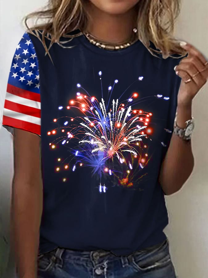 Women's Flag Fireworks Independence Day Print Casual T-Shirt