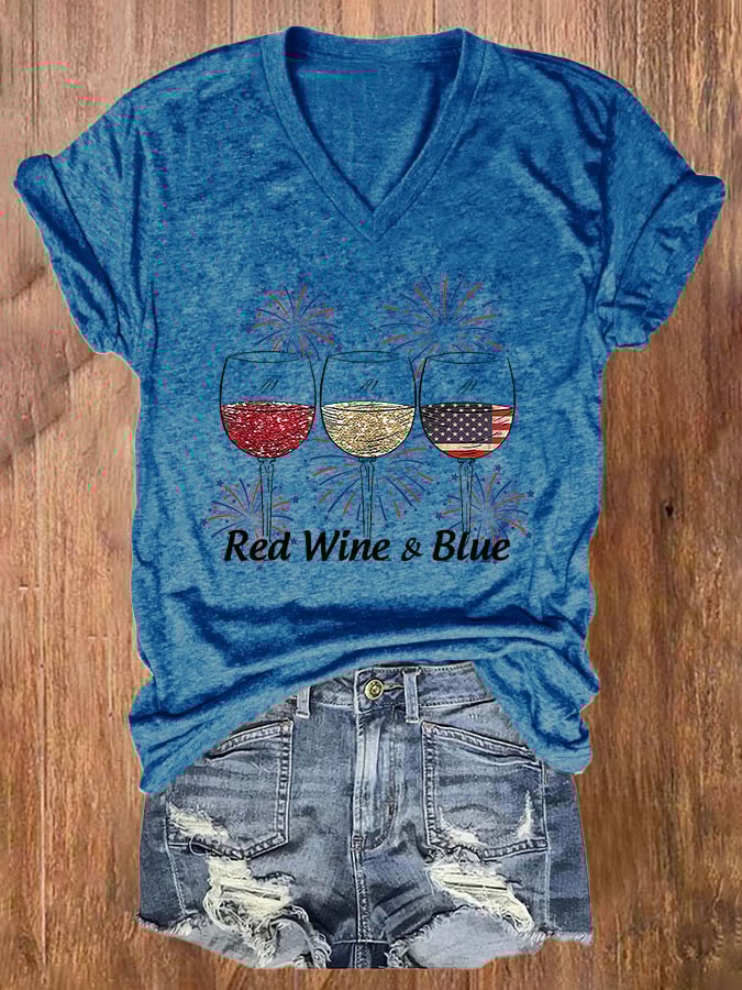 🔥Last Day 49% Off🔥Women's Red Wine and Blue Print T-shirt