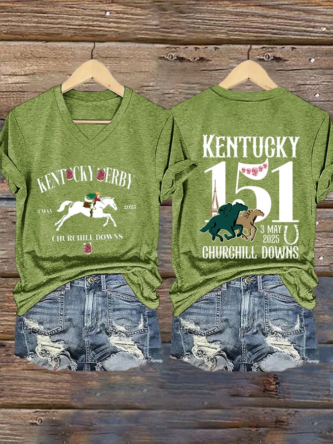 Women's Kentucky Derby  Printed V-Neck T-Shirt