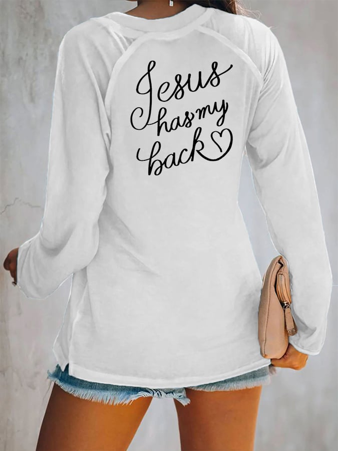 Women's Love Like Jesus Jesus Has My Back Casual V-Neck Long-Sleeve T-Shirt