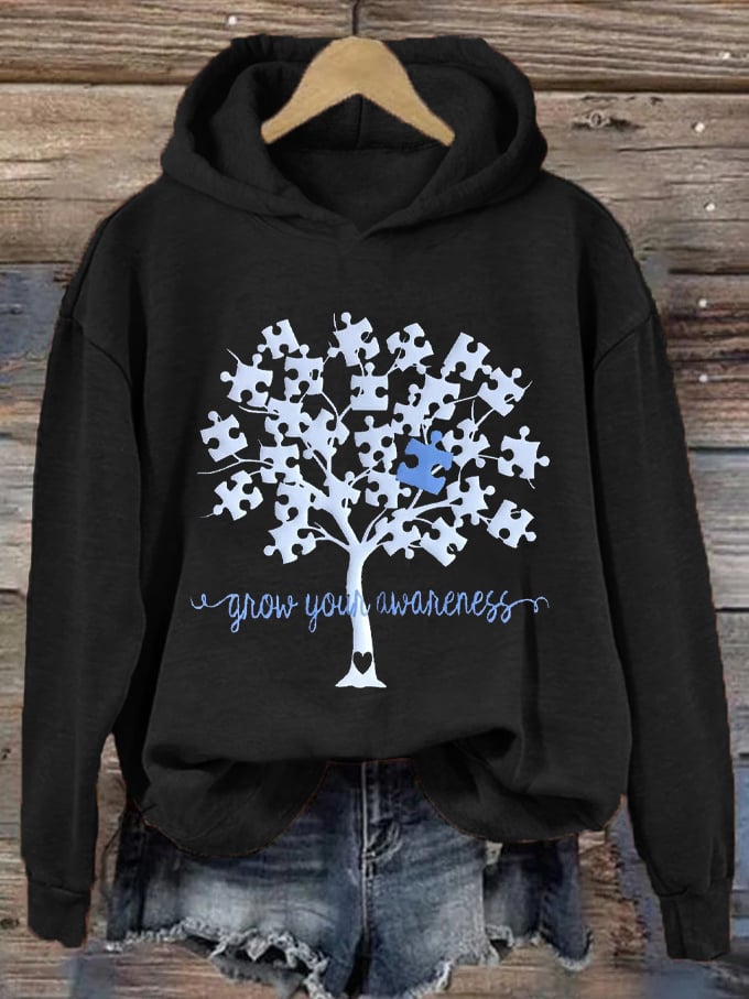 Women's Grow Your Awareness Tree of Life Autism Printed Hooded Sweatshirt