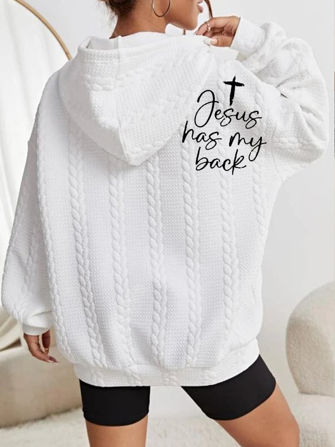 Women's Faith Jesus Has My Back Printed Casual Cable Hoodie