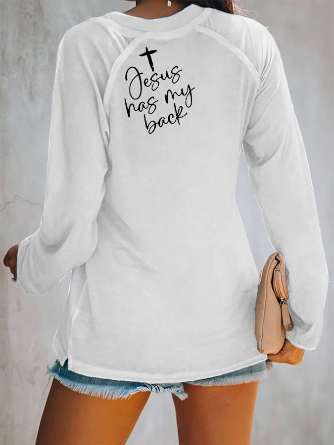 Women's Love Like Jesus Jesus Has My Back Casual V-Neck Long-Sleeve T-Shirt