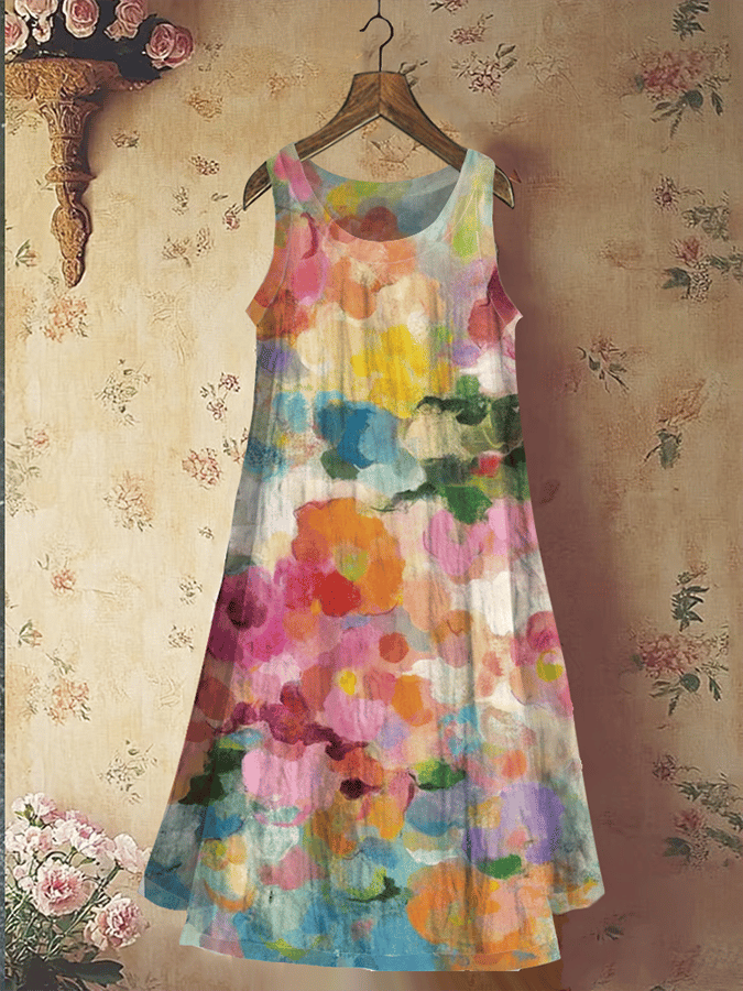 Women's Vintage Botanical Floral Print Linen Blend Tank Dress