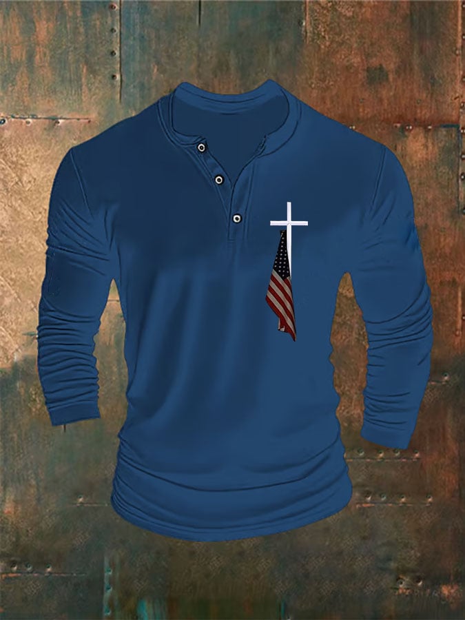 Men's Flag Cross Print Henley Neck Top