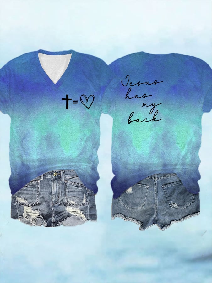 Women's Jesus Has My Back Love Cross  Print V-Neck T-Shirt
