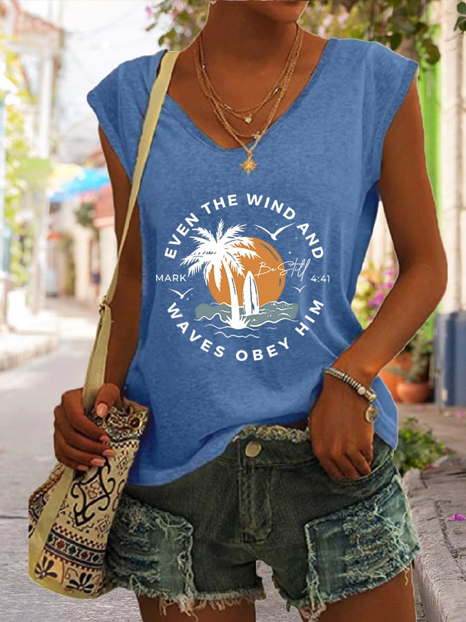 Women's Casual Christian Bible Verse Palm Tree Print Tank Top