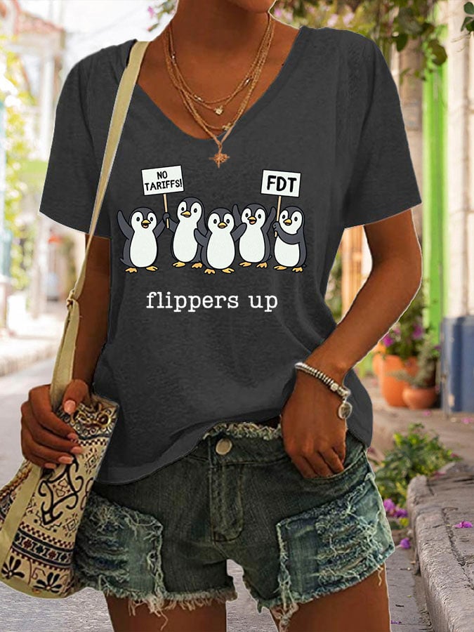 Women's Penguins Flippers Up Print V Neck Casual T-Shirt